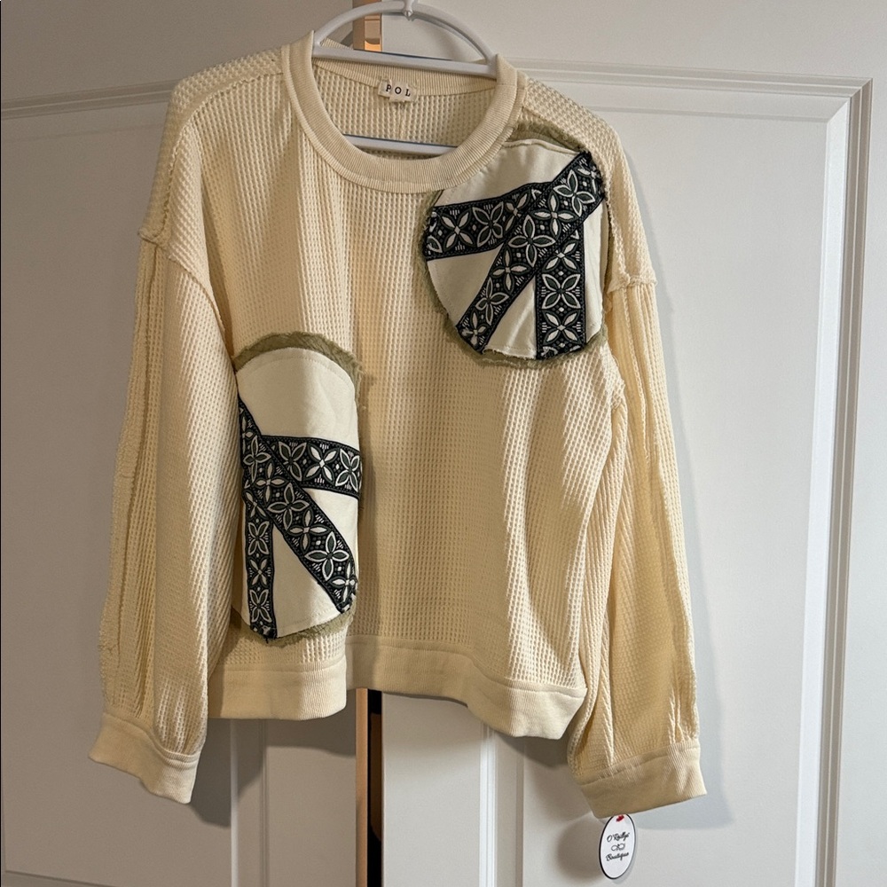 POL Cream Textured Blouse with Black Accents